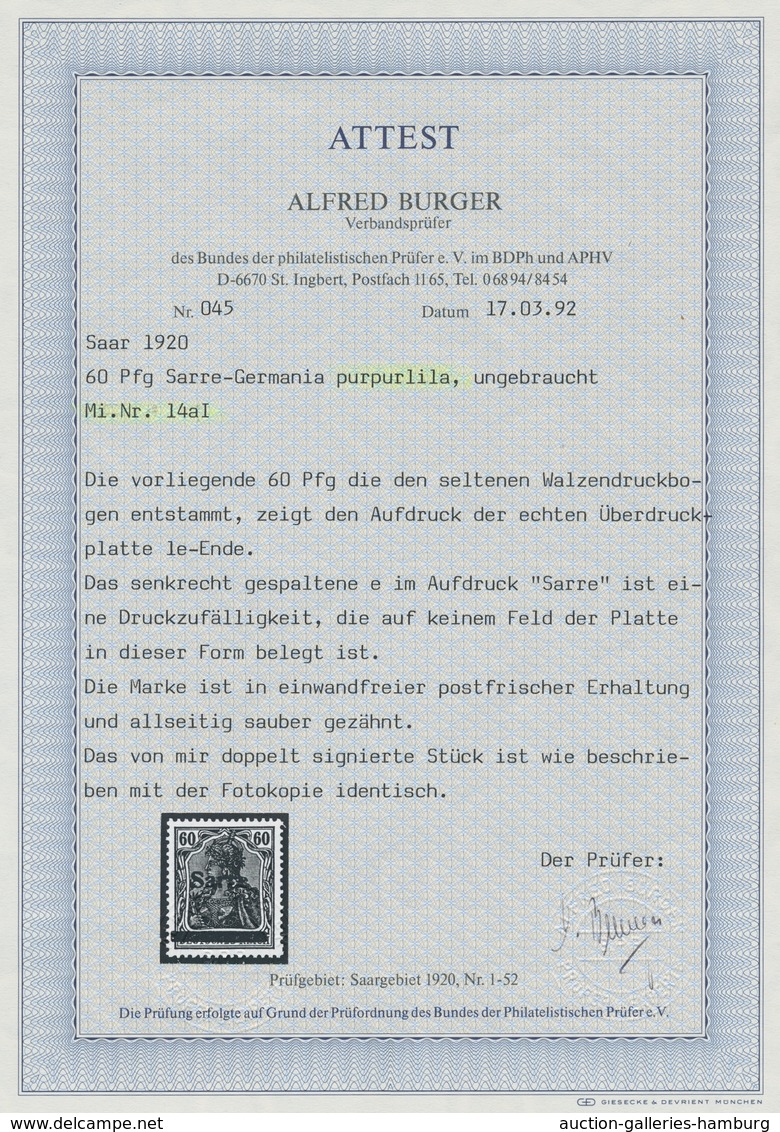 Deutsche Abstimmungsgebiete: Saargebiet: 1920, "60 Pfg. Germania/Sarre Purpurlila", Die Seltene Farb - Lettres & Documents