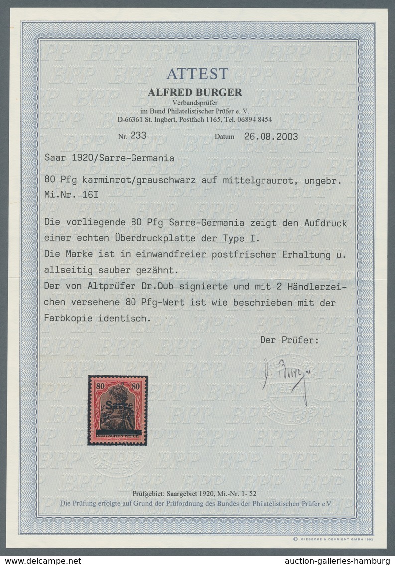 Deutsche Abstimmungsgebiete: Saargebiet: 1920, 80 Pfg Sarre/Germania In Postfrischer Prachterhaltung - Briefe U. Dokumente