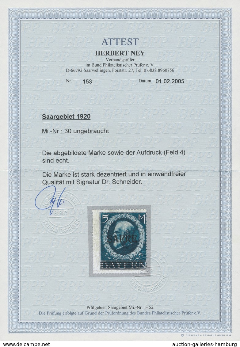 Deutsche Abstimmungsgebiete: Saargebiet: 1920, "5 Mk. Bayern/Sarre Stark Dezentriert (nur Von Zwei B - Lettres & Documents