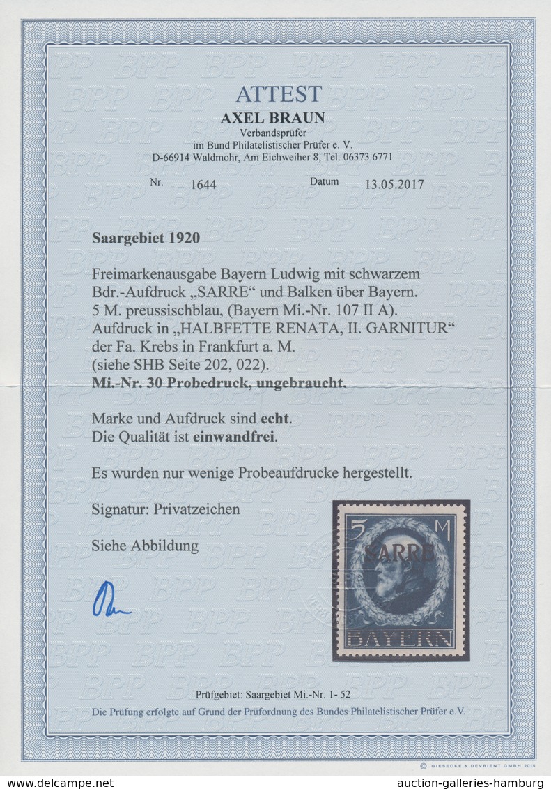 Deutsche Abstimmungsgebiete: Saargebiet: 1920, 5 Mark Bayern-Sarre, PROBEAUFDRUCK Der Schriftgießere - Lettres & Documents