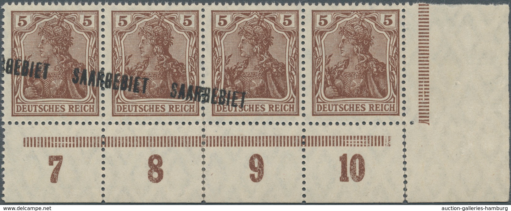 Deutsche Abstimmungsgebiete: Saargebiet: 1920 5 Pf Braun "SAARGEBIET" Auf Germania, Waagerechter 4er - Cartas & Documentos