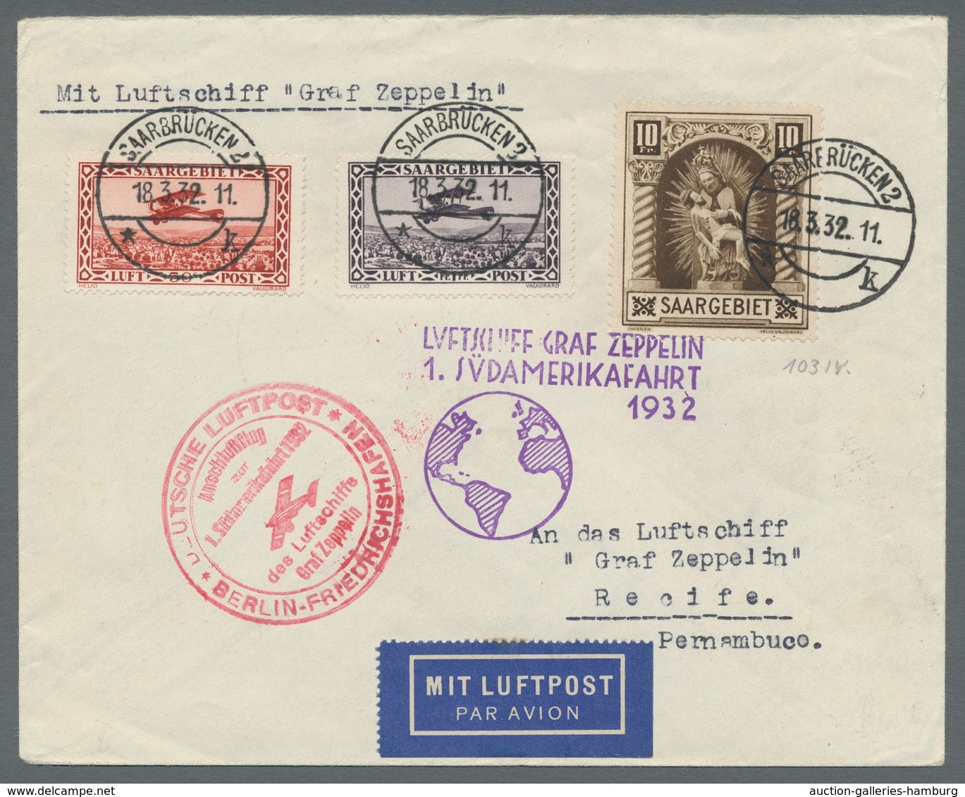 Deutsche Abstimmungsgebiete: Saargebiet: 1932 - 1. SAF, Zuleitung Saar Auf Hochwertig Mit Mi. 103 IV - Lettres & Documents