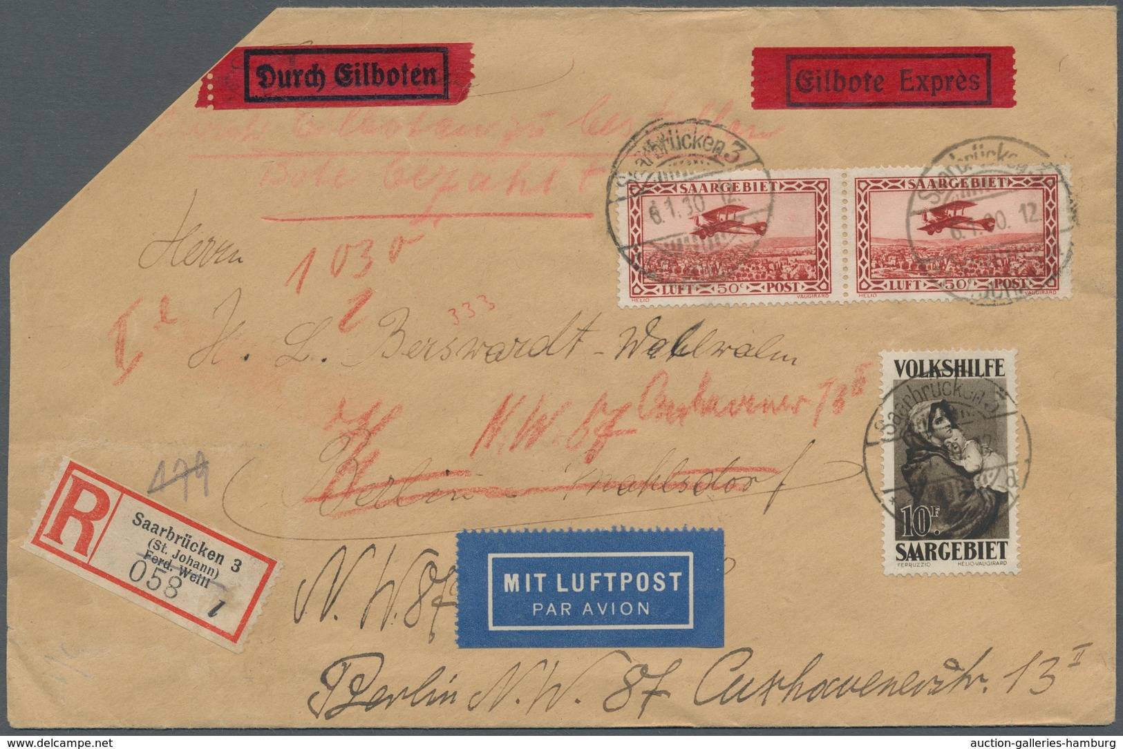 Deutsche Abstimmungsgebiete: Saargebiet: 1929, "10 Fr. Volkshilfe" Mit Waag. Paar Mi. 126 Als Portor - Lettres & Documents