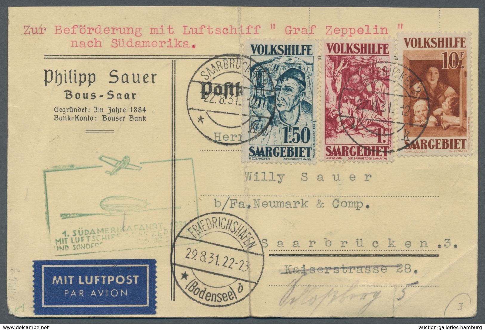 Deutsche Abstimmungsgebiete: Saargebiet: 1931, "10 Fr. Volkshilfe" Mit Zusatzfrankatur Auf Nicht Per - Cartas & Documentos