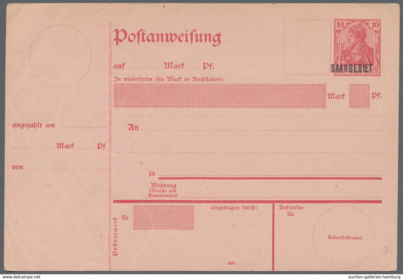 Deutsche Abstimmungsgebiete: Saargebiet - Ganzsachen: 1920/21, "10 Pfg. Germania/Saargebiet", Ungebr - Postwaardestukken