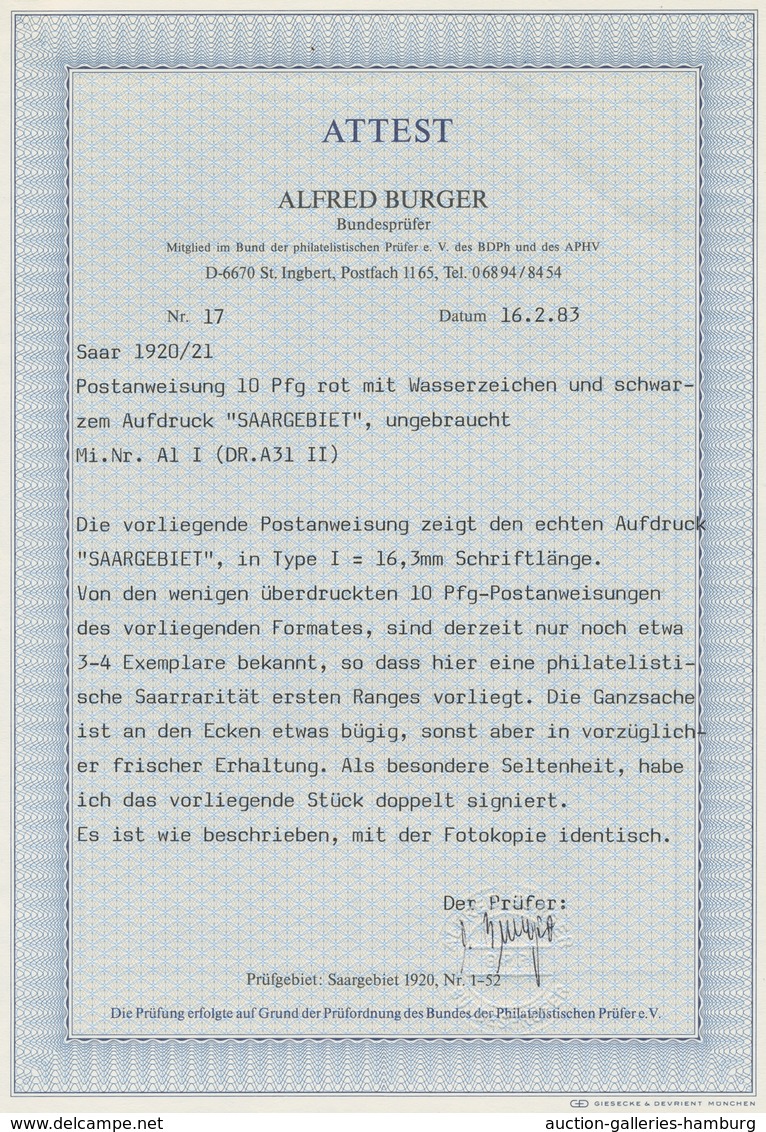 Deutsche Abstimmungsgebiete: Saargebiet - Ganzsachen: 1920/21, "10 Pfg. Germania/Saargebiet", Ungebr - Enteros Postales