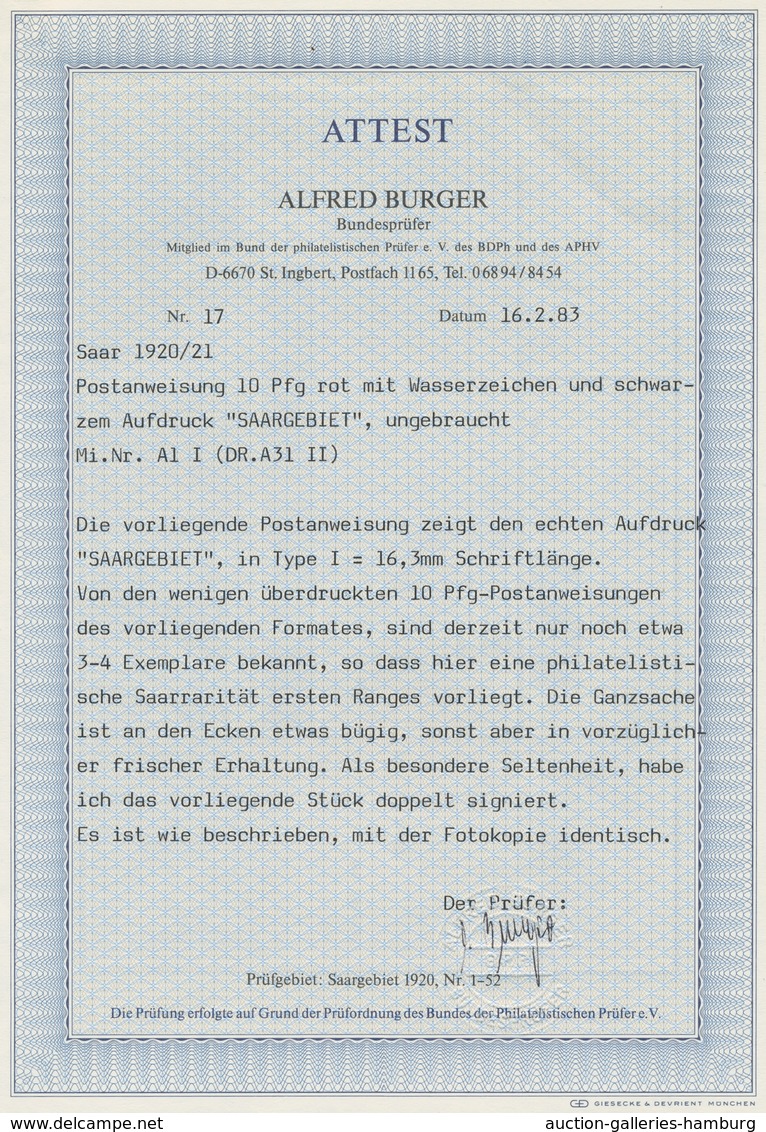 Deutsche Abstimmungsgebiete: Saargebiet - Ganzsachen: 1920/21, "10 Pfg. Germania/Saargebiet", Ungebr - Postwaardestukken