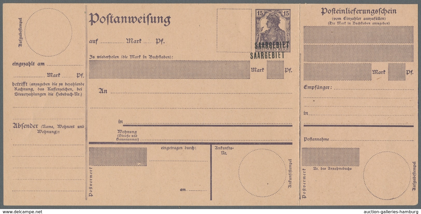 Deutsche Abstimmungsgebiete: Saargebiet - Ganzsachen: 1920/21, "15 Pfg. Germania/Saargebiet Mit Dopp - Postwaardestukken