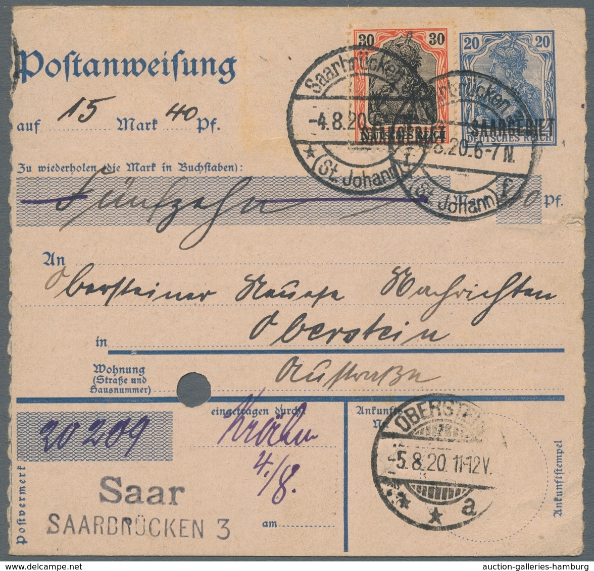 Deutsche Abstimmungsgebiete: Saargebiet - Ganzsachen: 1920/21, "20 Pfg. Germania/Saargebiet Mit Aufd - Ganzsachen