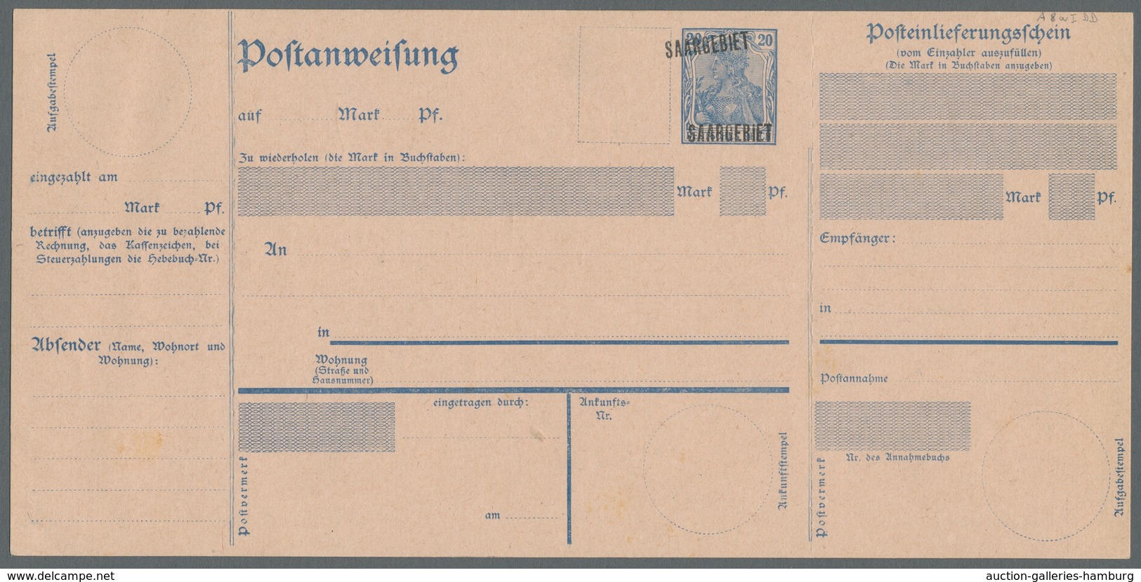 Deutsche Abstimmungsgebiete: Saargebiet - Ganzsachen: 1920/21, "20 Pfg. Germania/Saargebiet Mit Dopp - Ganzsachen