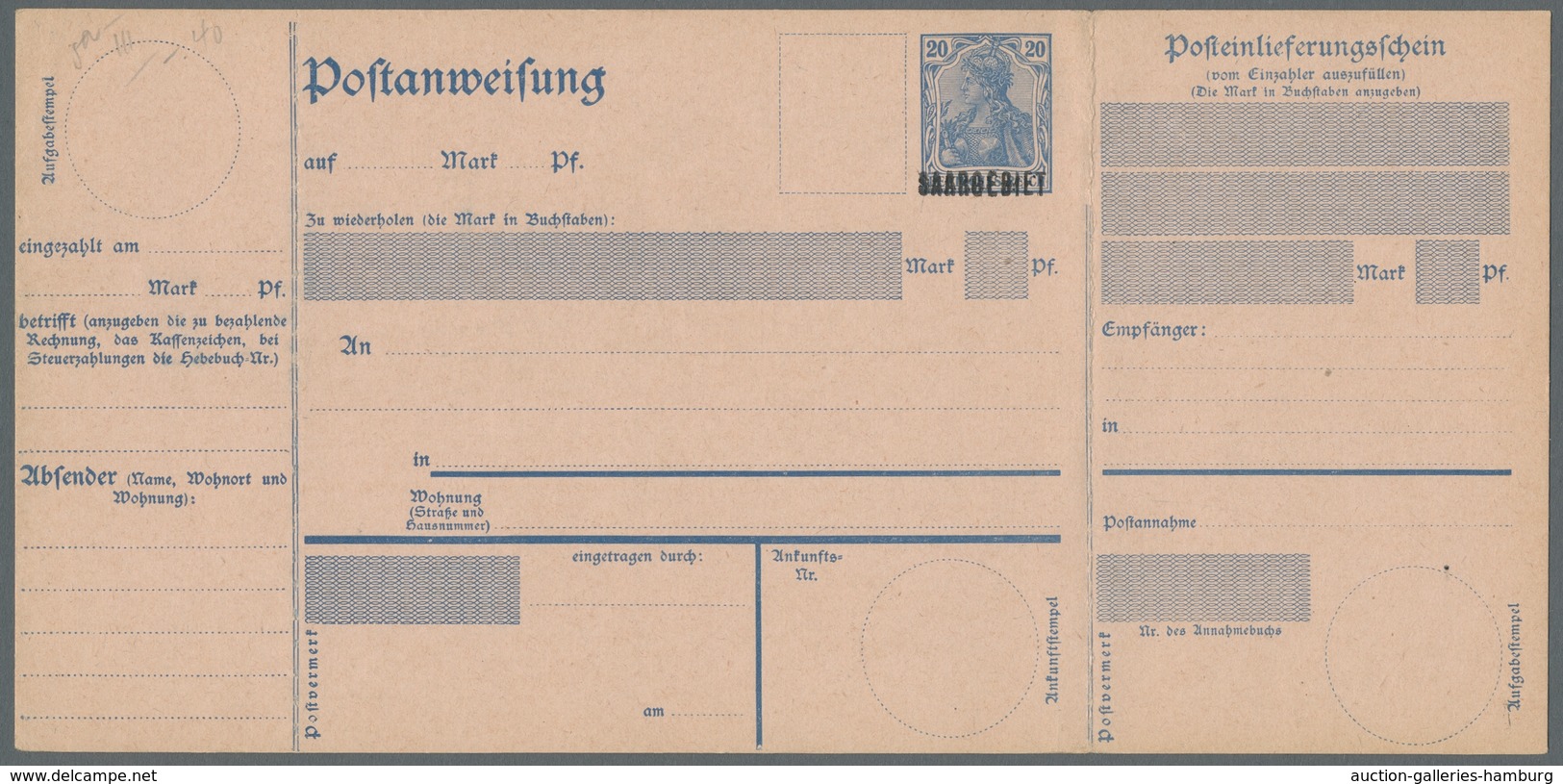 Deutsche Abstimmungsgebiete: Saargebiet - Ganzsachen: 1920/21, "20 Pfg. Germania/saargebiet Mit Aufd - Enteros Postales