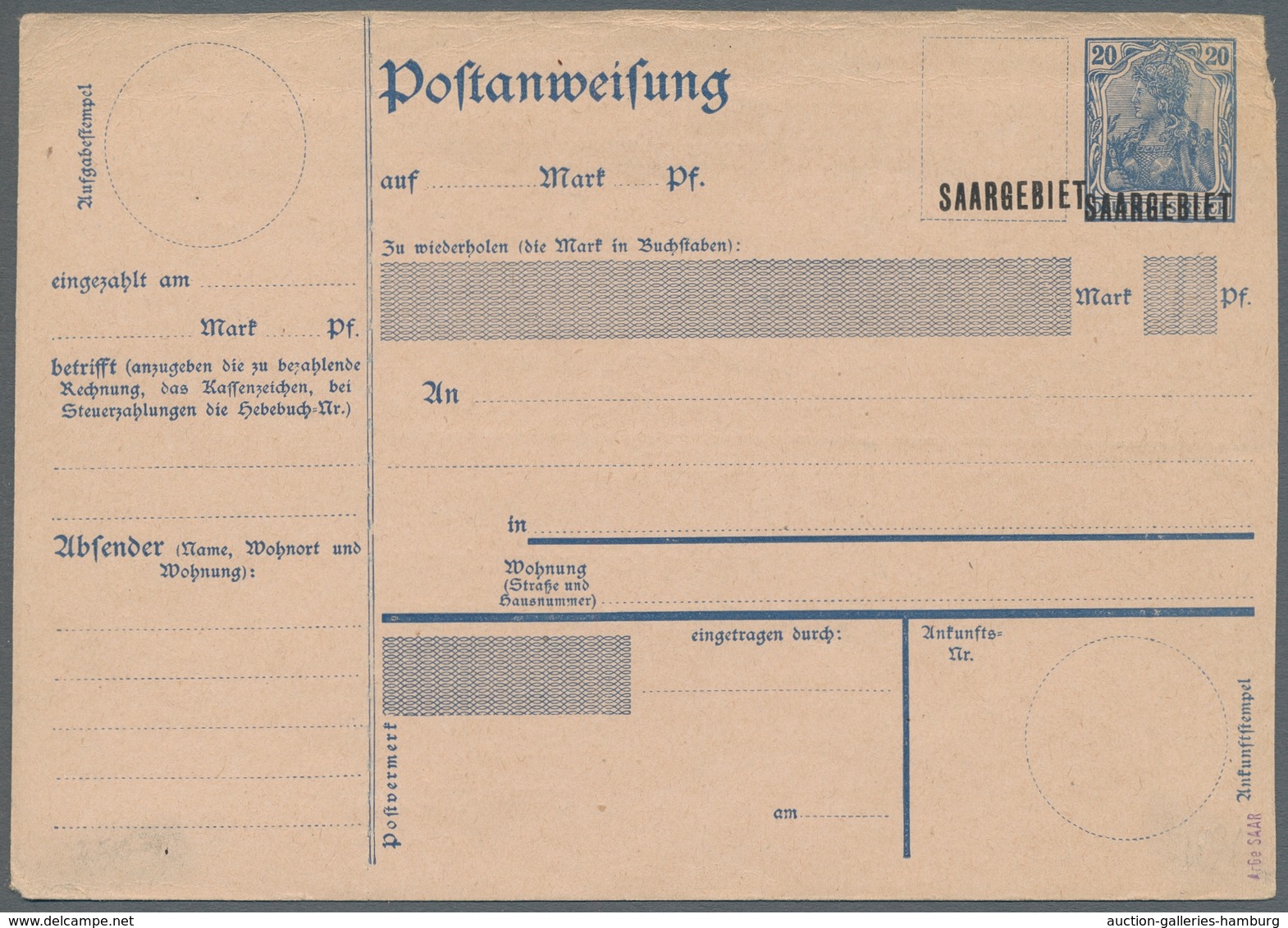 Deutsche Abstimmungsgebiete: Saargebiet - Ganzsachen: 1920/21, "20 Pfg. Germania/Saargebiet Mit Dopp - Entiers Postaux