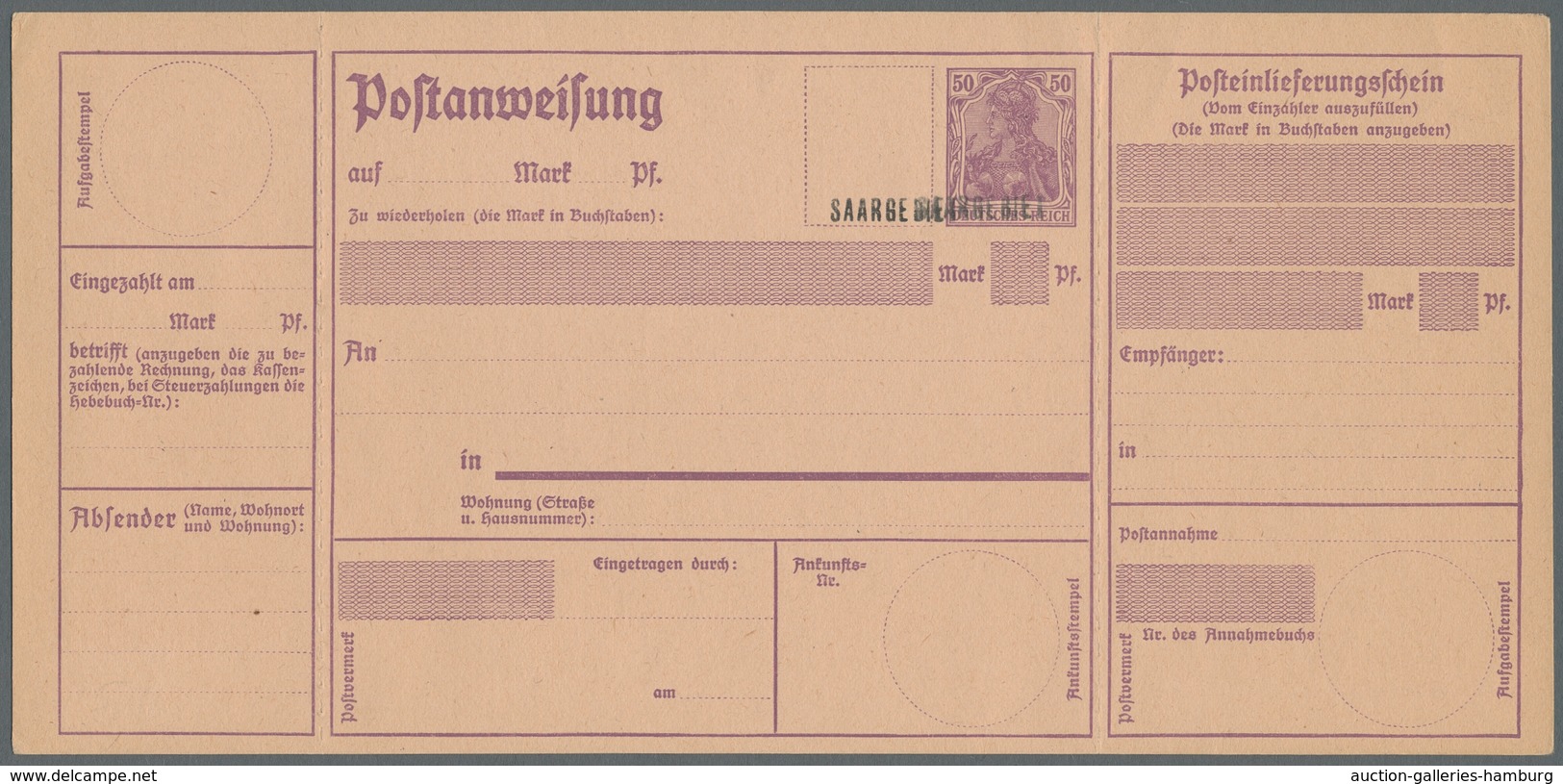 Deutsche Abstimmungsgebiete: Saargebiet - Ganzsachen: 1920/21, "50 Pfg. Germania/Saargebiet Mit Dopp - Entiers Postaux