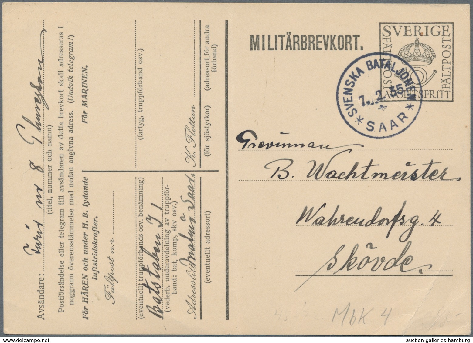 Deutsche Abstimmungsgebiete: Saargebiet - Feldpost: 1935, Militärbrevkort Gestempelt "SVENSKA BATALJ - Covers & Documents