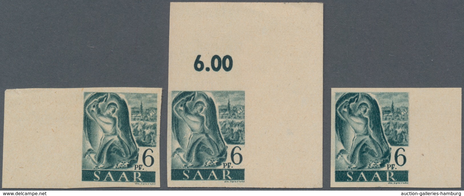 Saarland (1947/56): 1947, 6 Pf Schwarzblaugrün Aus Der Rechten Oberen Bogenecke Und Desgl. Vom Linke - Sonstige & Ohne Zuordnung
