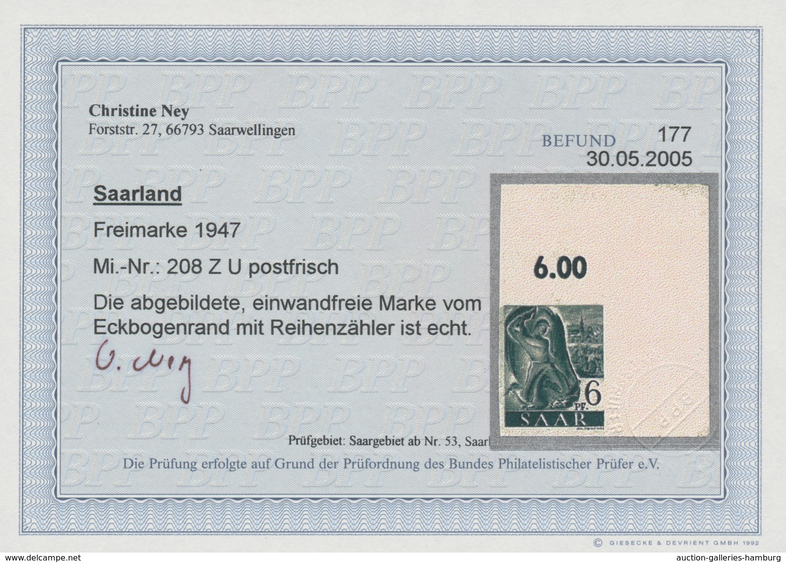 Saarland (1947/56): 1947, 6 Pf Schwarzblaugrün Aus Der Rechten Oberen Bogenecke Und Desgl. Vom Linke - Sonstige & Ohne Zuordnung