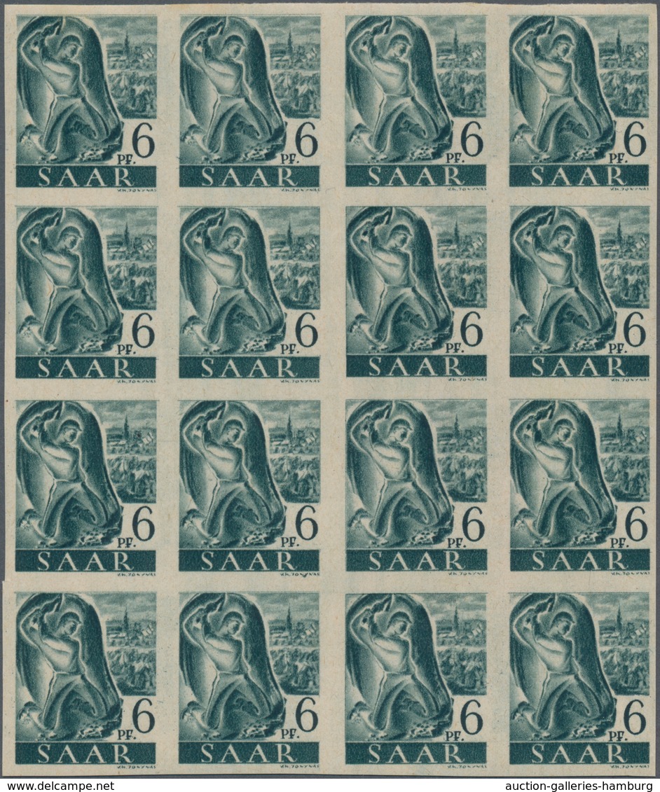Saarland (1947/56): 1947, 6 Pf Schwarzblaugrün Im Postfrischen 16er-Block Ungezähnt, Rücks. Einige S - Sonstige & Ohne Zuordnung
