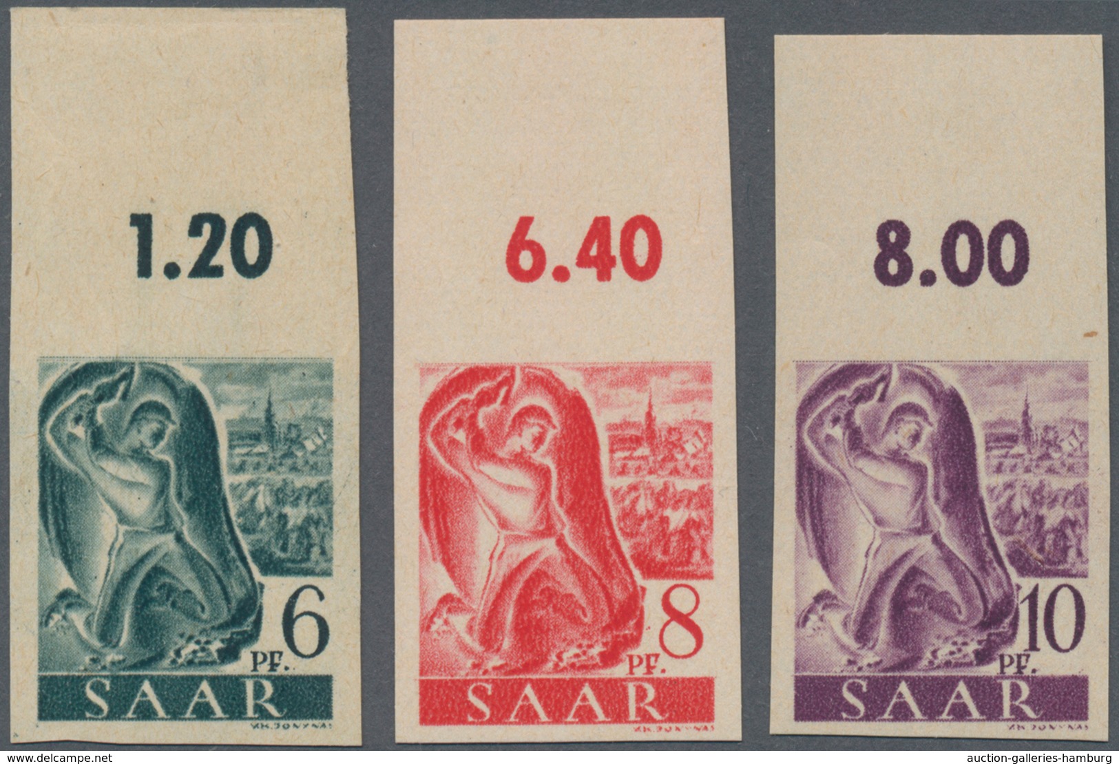 Saarland (1947/56): 1947, 6 Pf Schwarzblaugrün, 8 Pf Rot Und 10 Pf Violettpurpur Je Vom Oberrand Pos - Altri & Non Classificati