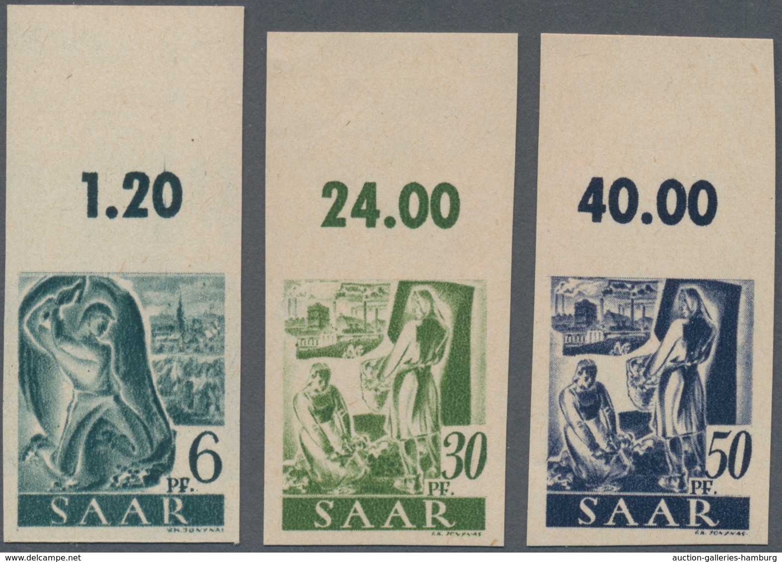 Saarland (1947/56): 1947, 6 Pf Schwarzblaugrün, 30 Pf Grünoliv Und 50 Pf Lilaultramarin Je Ungezähnt - Otros & Sin Clasificación