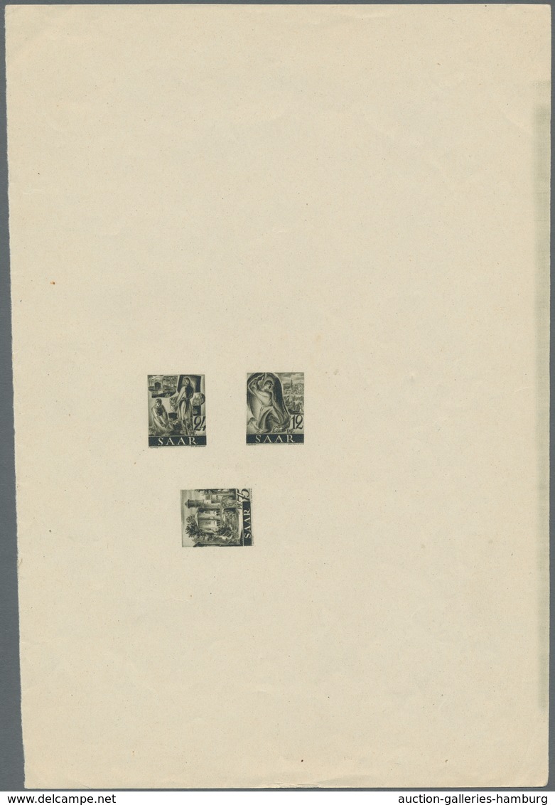Saarland (1947/56): 1947, "12, 24 Und 75 Pfg. Dunkelolivgrün Als Vorlage-Probedrucke", Ungezähnte Pr - Autres & Non Classés