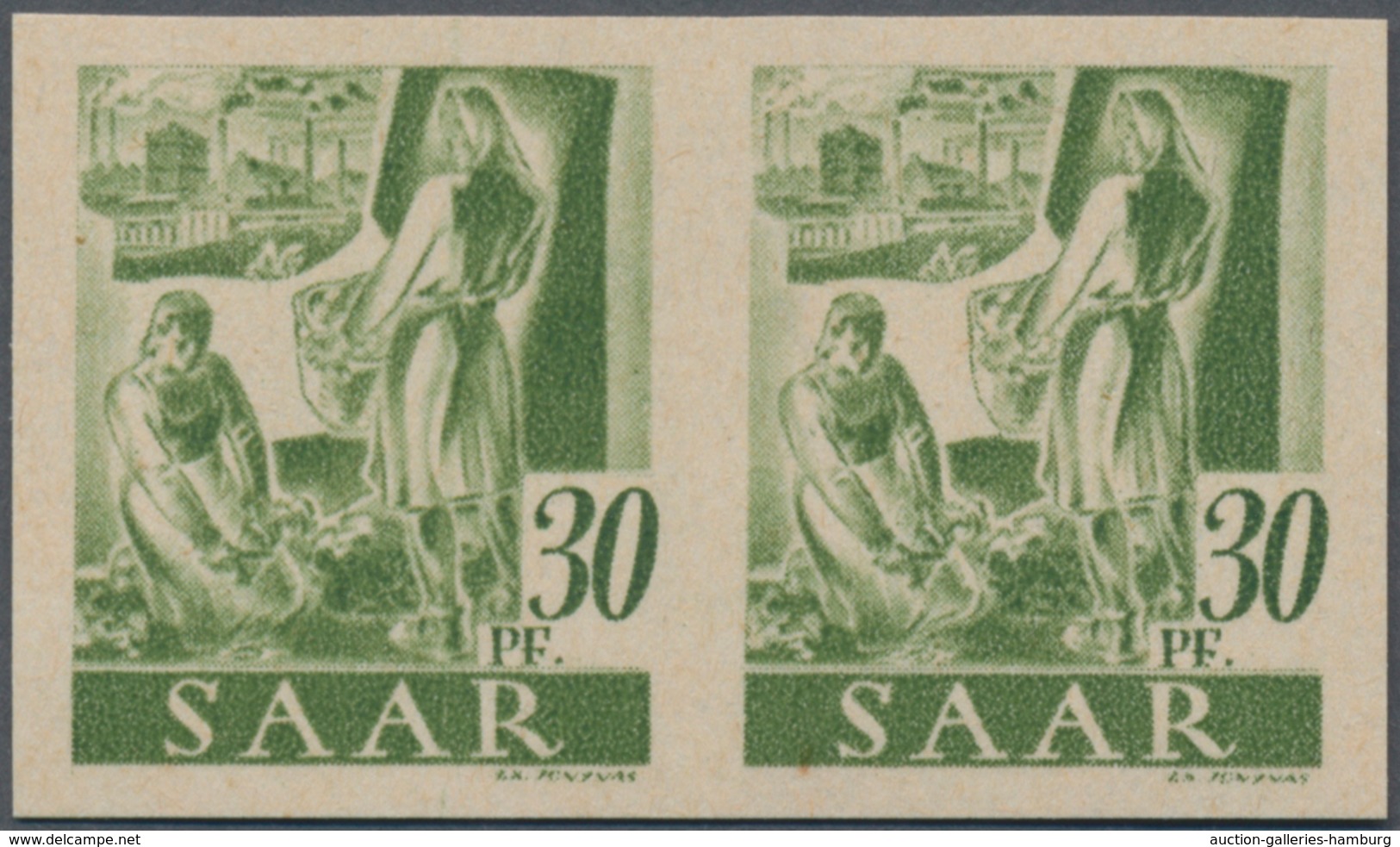 Saarland (1947/56): 1947, 30 Pf Grünoliv Im Waager. Paar Postfrisch Ungezähnt, Mi 1.200.- - Otros & Sin Clasificación