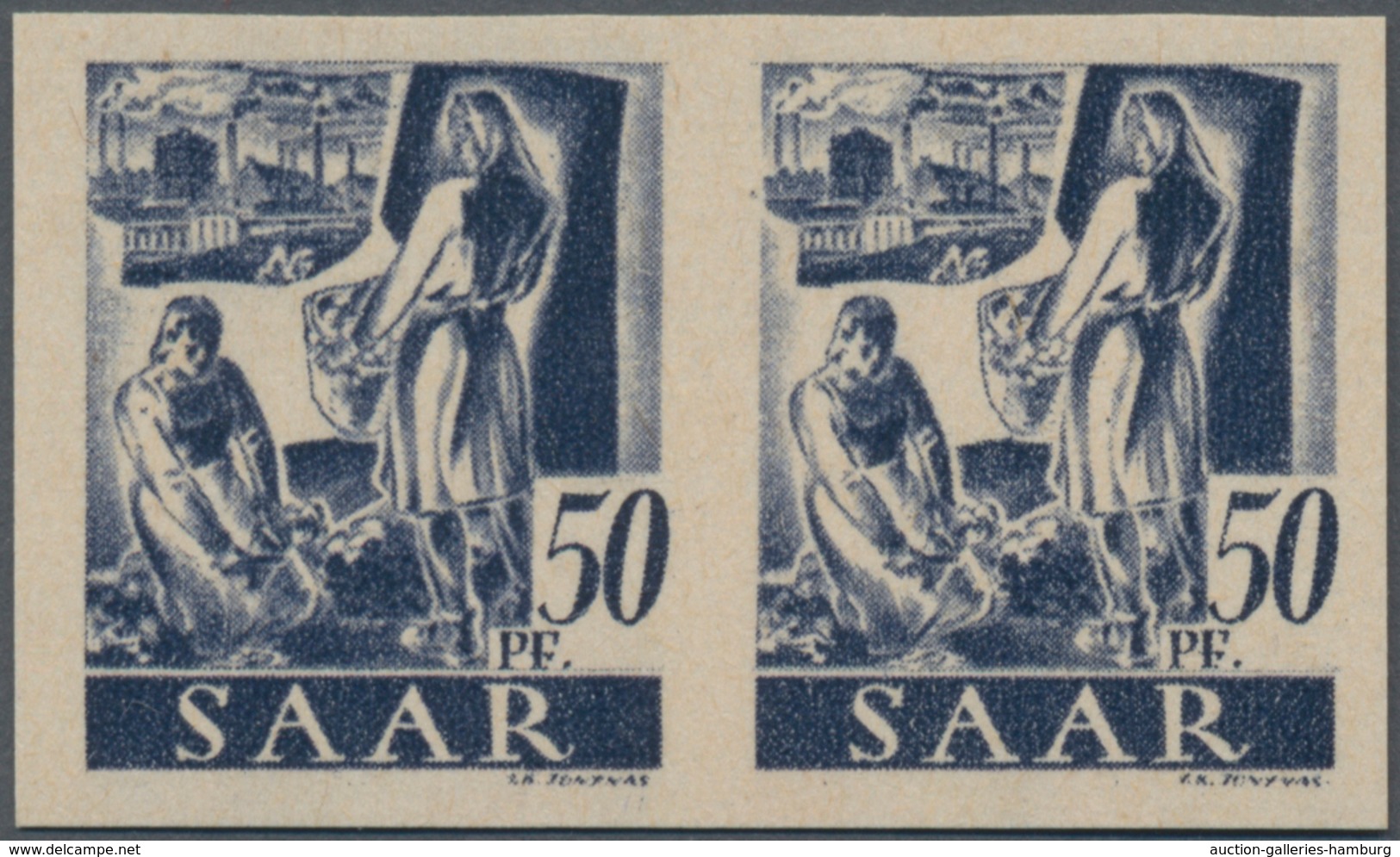 Saarland (1947/56): 1947, 50 Pf Bäuerinnen Im Waager. Paar Ungezähnt Postfrisch, Mi 440.- - Andere & Zonder Classificatie