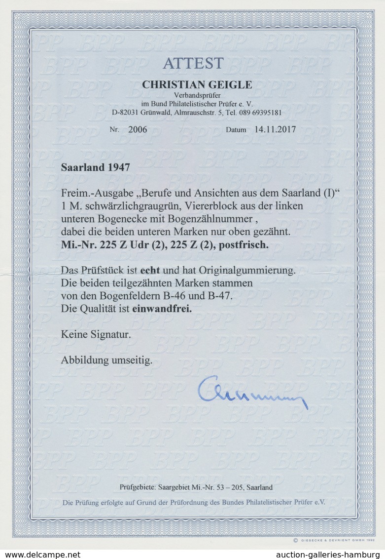 Saarland (1947/56): 1947, Freimarken Berufe Und Ansichten 1 M Schwärzlichgraugrün, Viererblock Aus D - Otros & Sin Clasificación