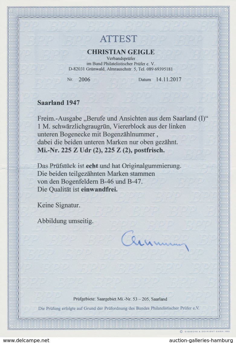 Saarland (1947/56): 1947, Freimarken Berufe Und Ansichten 1 M Schwärzlichgraugrün, Viererblock Aus D - Andere & Zonder Classificatie