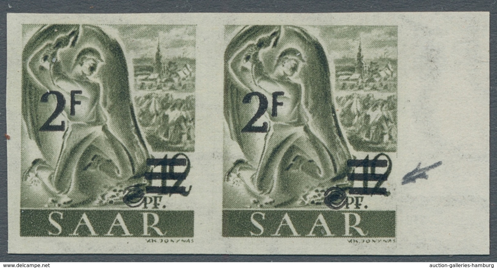 Saarland (1947/56): 1947, "2 Fr Auf 12 Pfg. Urdruck Ungezähnt", Postfrisches Waag. Randpaar Mit Einm - Sonstige & Ohne Zuordnung