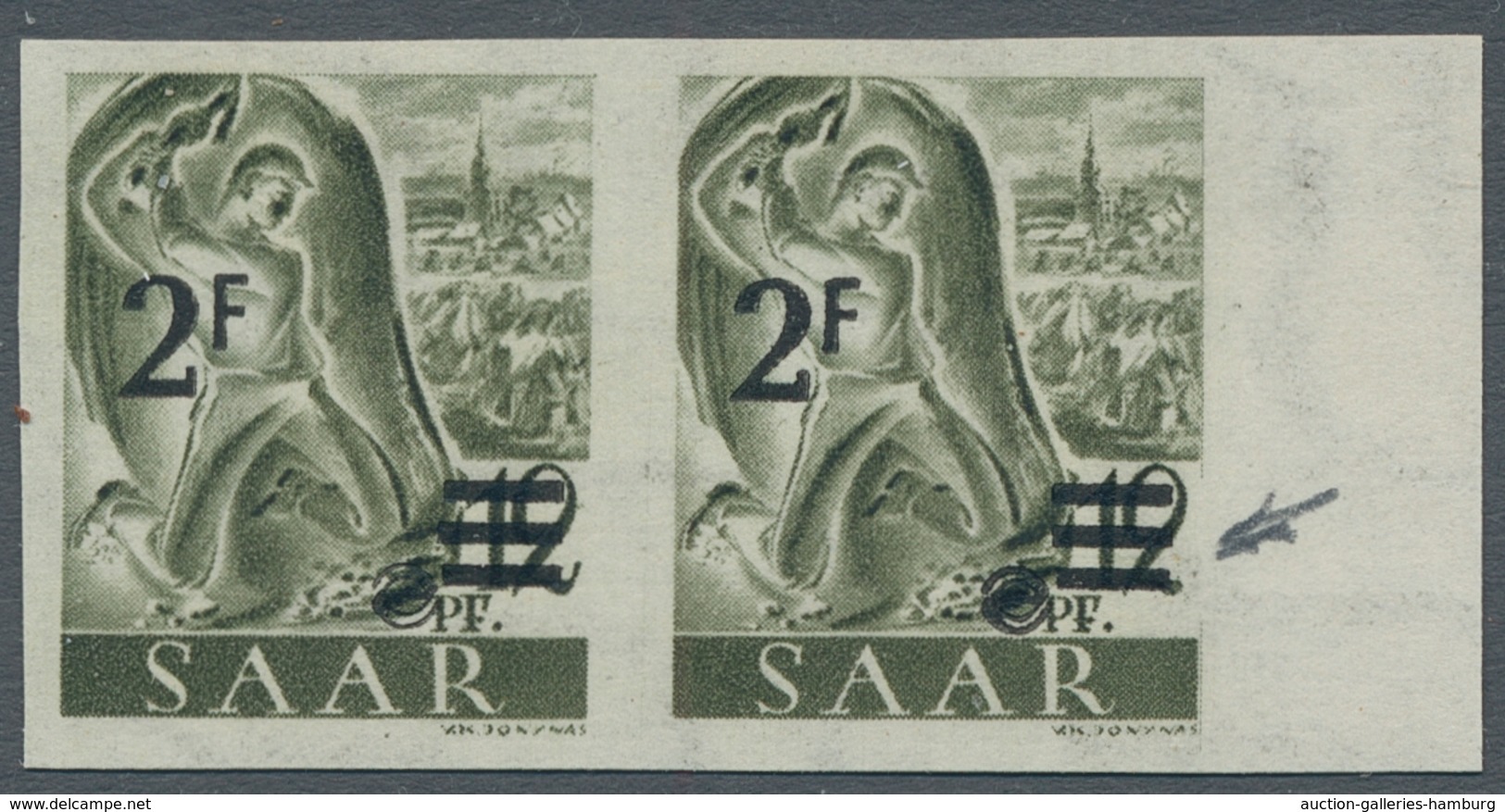 Saarland (1947/56): 1947, "2 Fr Auf 12 Pfg. Urdruck Ungezähnt", Postfrisches Waag. Randpaar Mit Einm - Autres & Non Classés