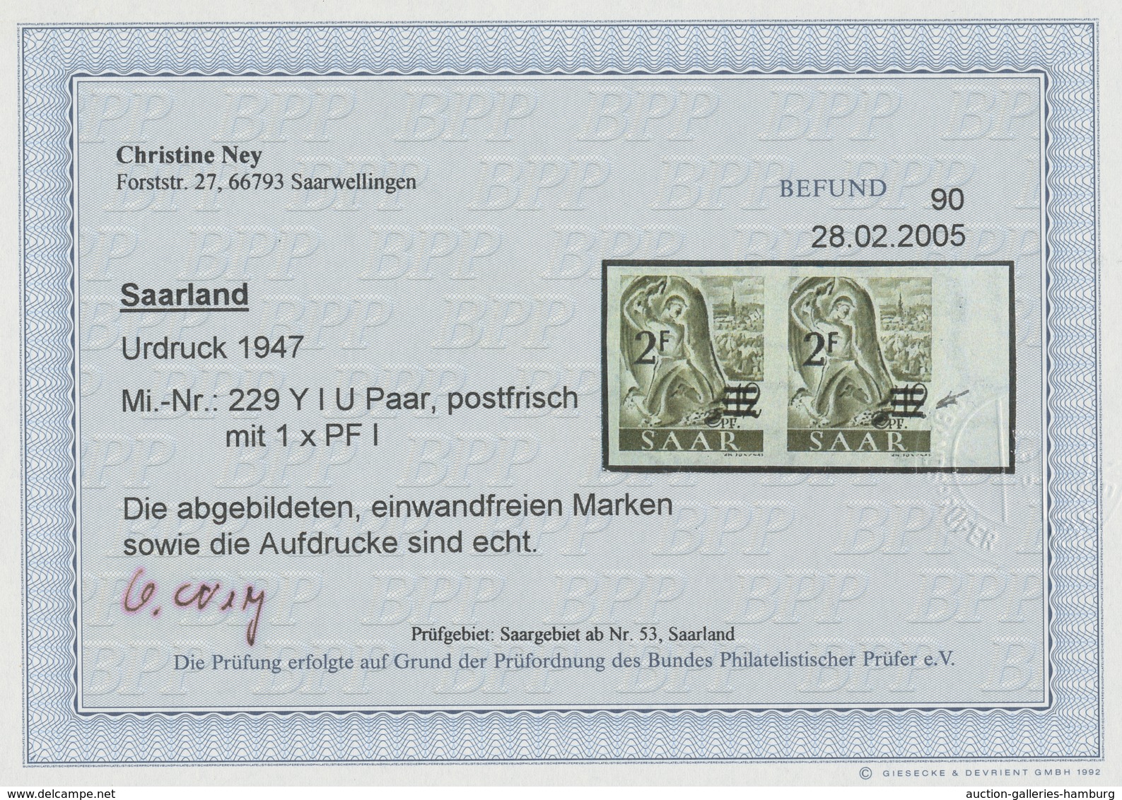 Saarland (1947/56): 1947, "2 Fr Auf 12 Pfg. Urdruck Ungezähnt", Postfrisches Waag. Randpaar Mit Einm - Sonstige & Ohne Zuordnung