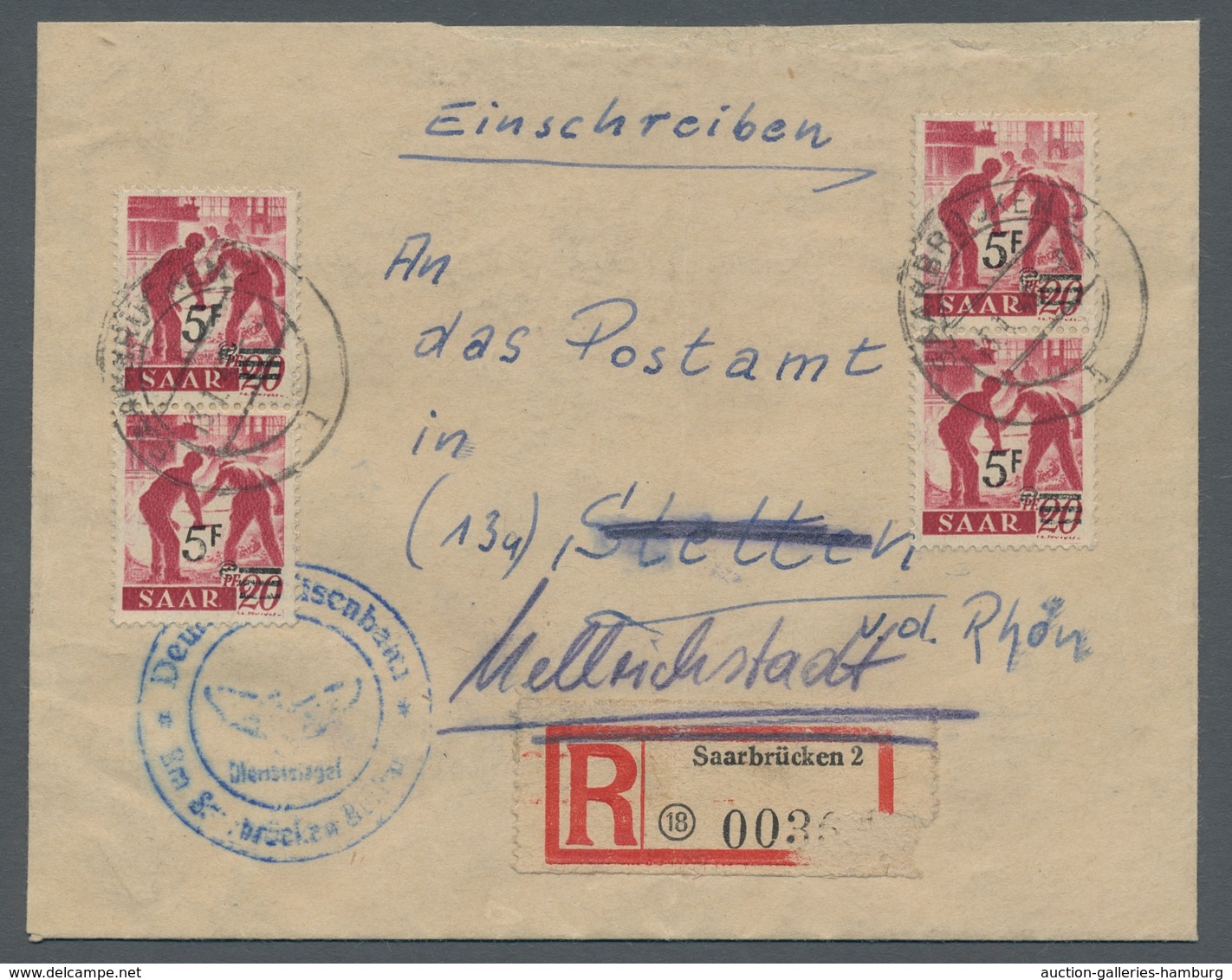 Saarland (1947/56): 1947, "5 Fr. Auf 20 Pfg. Urdruck", Zwei Senkrechte Paare Mit Sauberen SAARBRÜCKE - Sonstige & Ohne Zuordnung