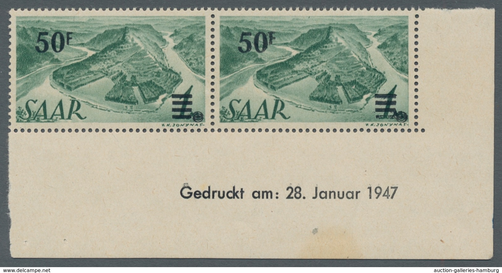 Saarland (1947/56): 1947, "50 Fr. Auf 1 Mk. Urdruck Mit Druckdatum", Postfrisches Eckrandpaar, Im Ra - Sonstige & Ohne Zuordnung