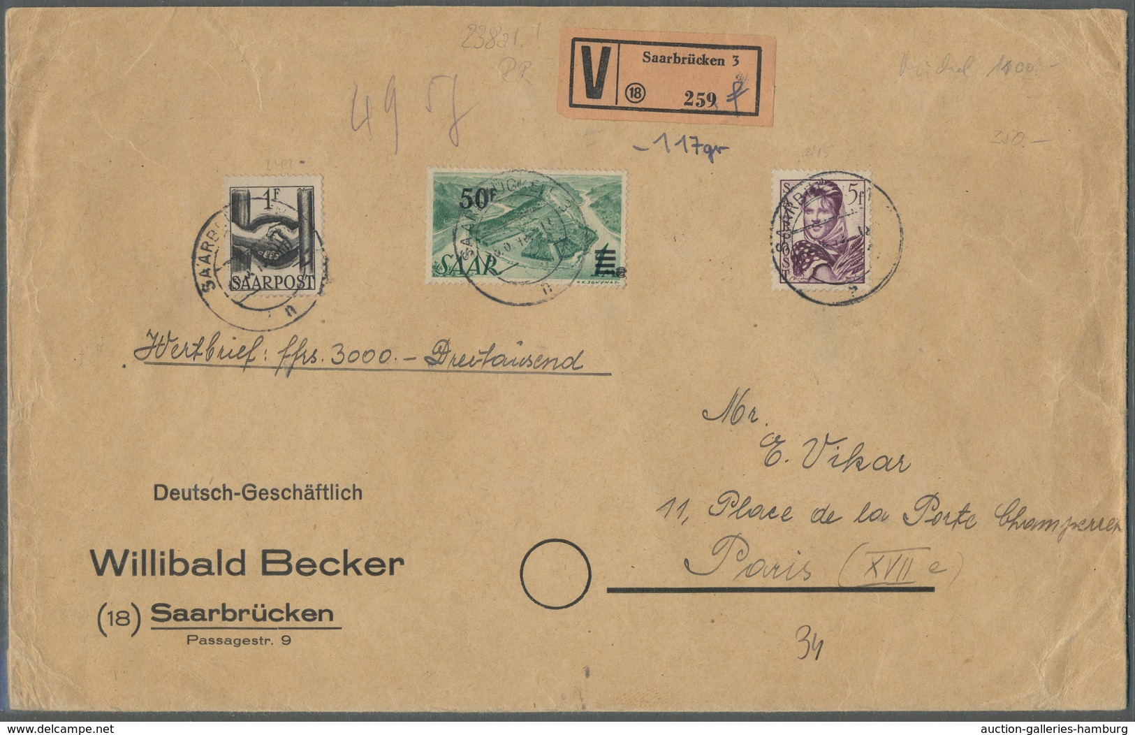 Saarland (1947/56): 1947, "50 Fr. Auf 1 Mk. Urdruck" Mit Zusatzfrankatur Als Portorichtige MiF Auf W - Sonstige & Ohne Zuordnung