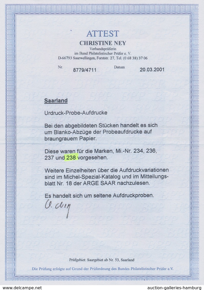 Saarland (1947/56): 1947, 9 F, 14 F Und 50 F Je Blanko-Abzug Des PROBEAUFDRUCKES Auf Braungrauem Pap - Other & Unclassified