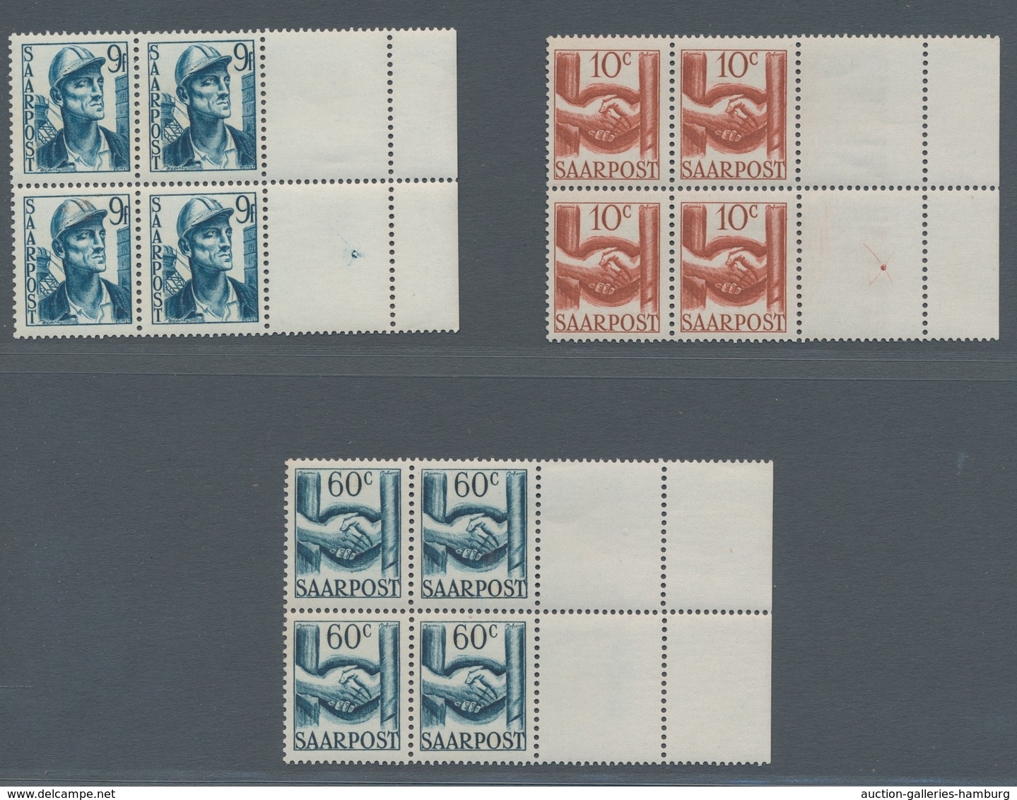 Saarland (1947/56): 1948, "10 C. Bis 50 Fr. Saar III", Postfrischer Randviererblocksatz Mit Je Zweim - Other & Unclassified