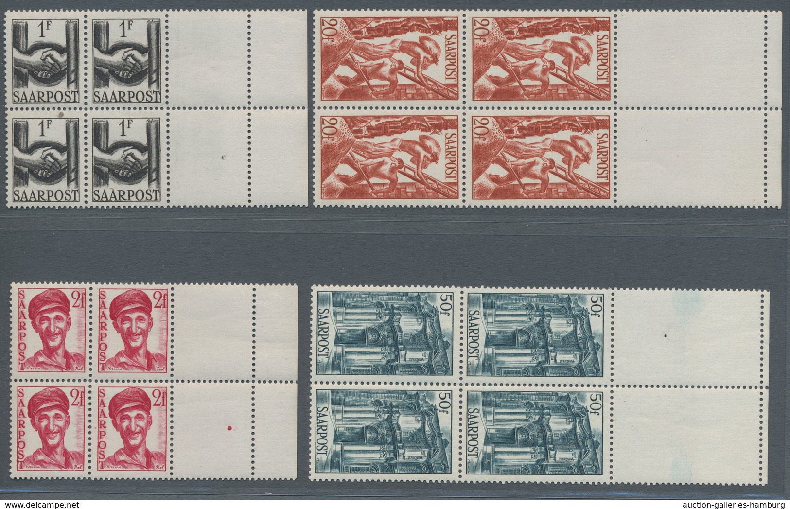 Saarland (1947/56): 1948, "10 C. Bis 50 Fr. Saar III", Postfrischer Randviererblocksatz Mit Je Zweim - Otros & Sin Clasificación