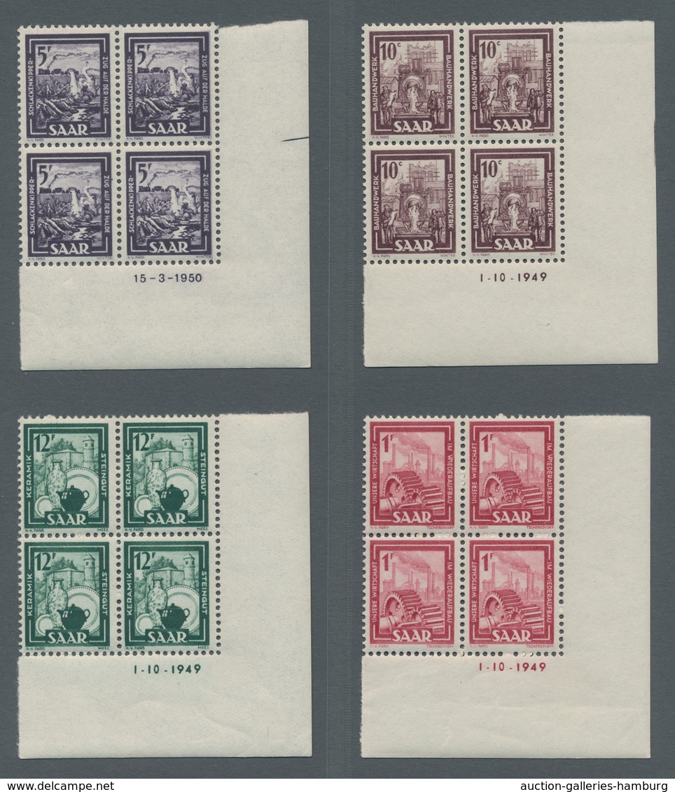 Saarland (1947/56): 1948, "Saar III", dreizehn postfrische Eckrandviererblocks mit Druckdatum in pra