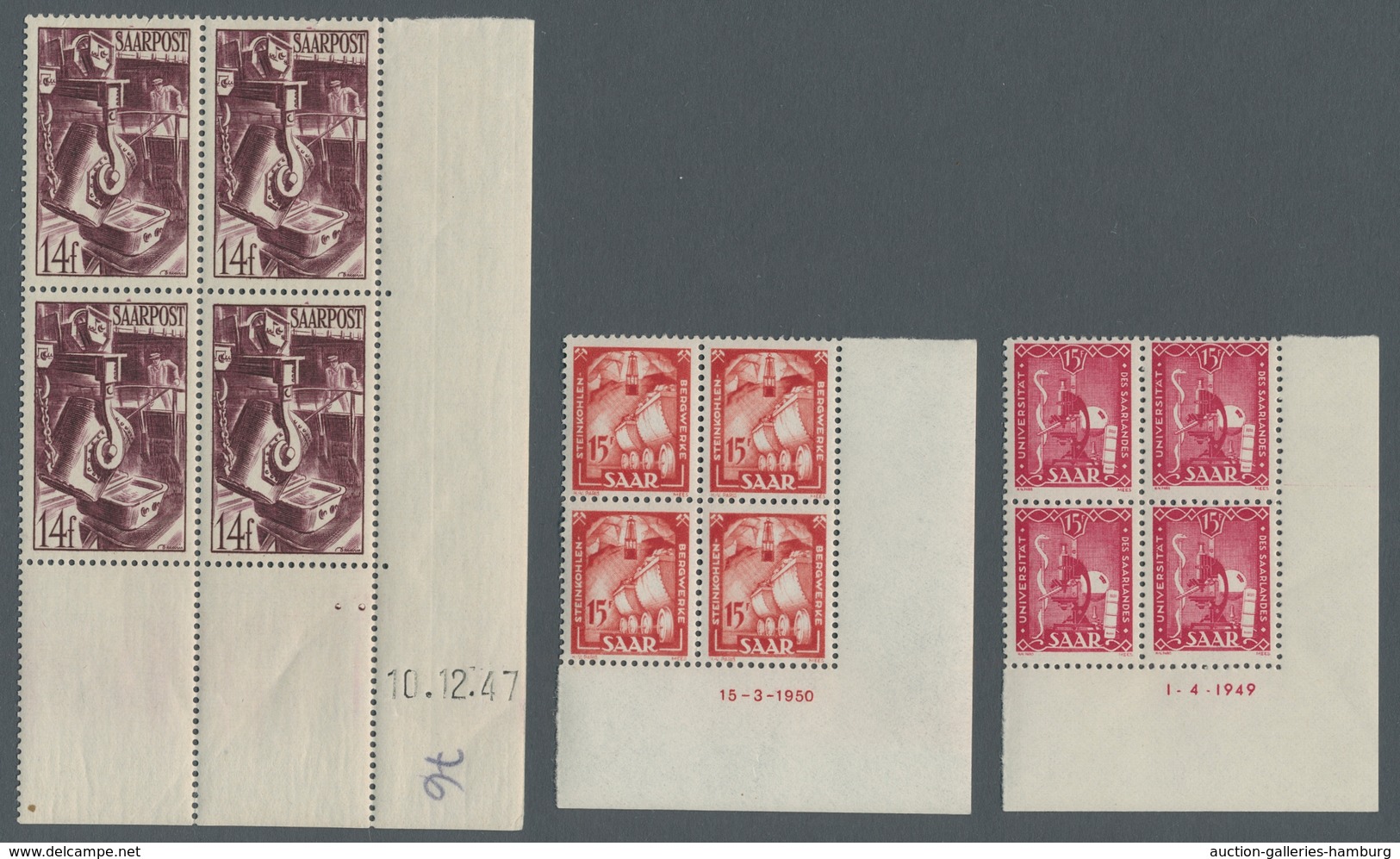 Saarland (1947/56): 1948, "Saar III", dreizehn postfrische Eckrandviererblocks mit Druckdatum in pra