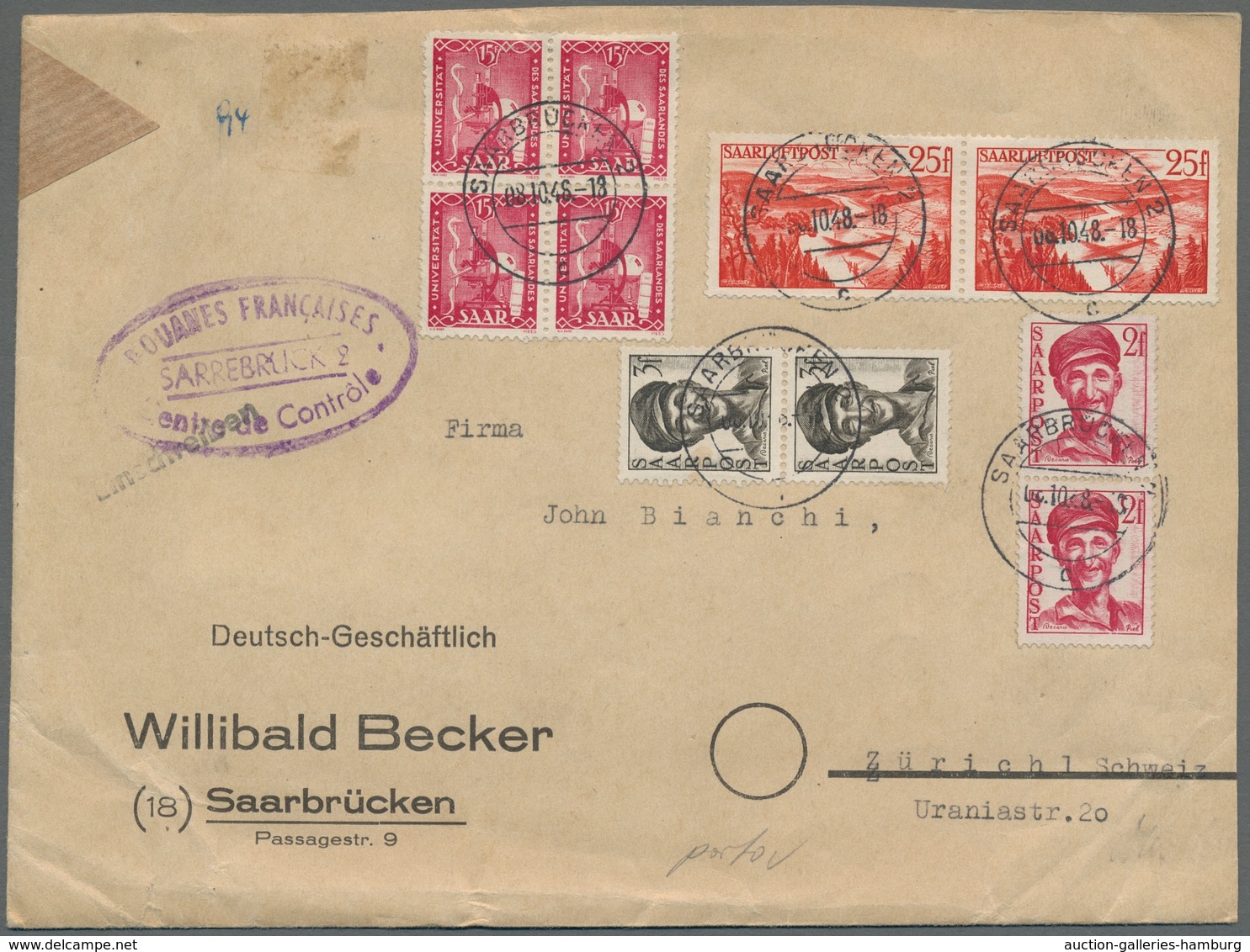 Saarland (1947/56): 1948, "25 Fr. Saar III Flugpost", Waag. Paar Mit Zusatzfrankatur Als MiF Auf Bri - Other & Unclassified