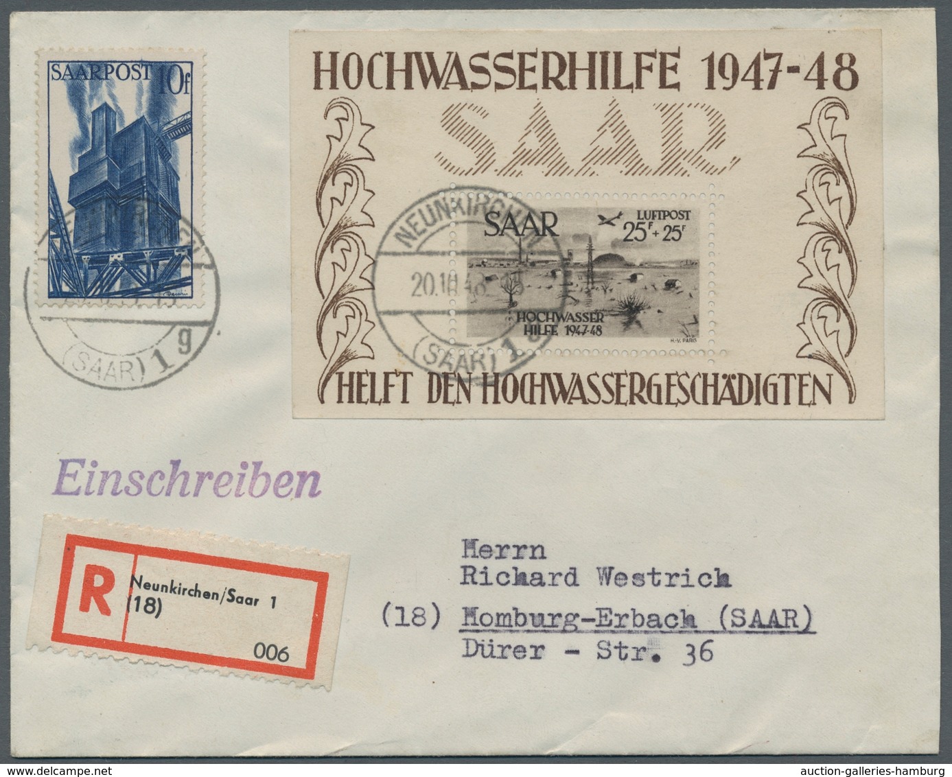 Saarland (1947/56): 1948, "Hochwasser-Blockpaar" Auf Zwei R-Briefen In Guter/sehr Guter Erhaltung. B - Autres & Non Classés