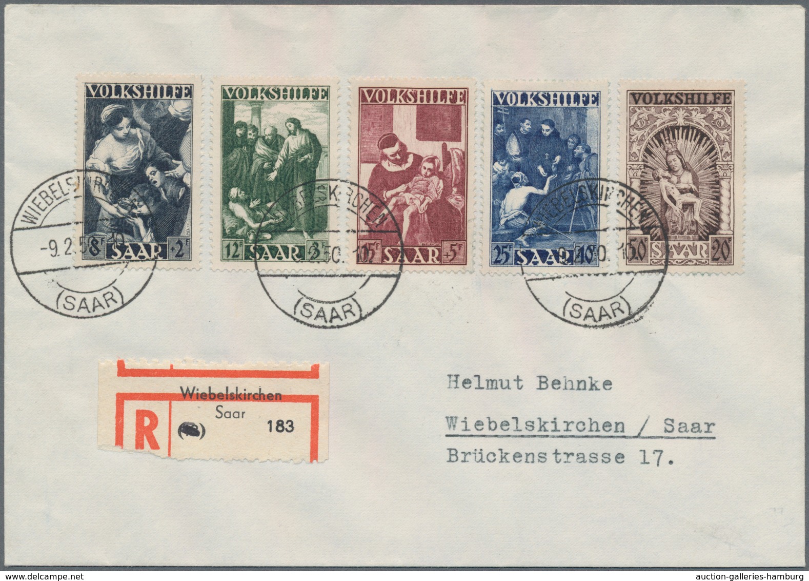 Saarland (1947/56): 1949, 8+2 Fr Bis 50+20 Fr Volkshilfe Komplett Auf R-Brief Mit Not-R-Zettel In Wi - Sonstige & Ohne Zuordnung