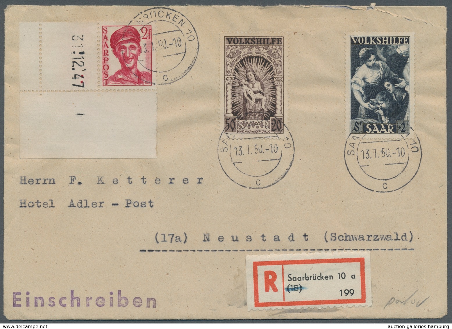 Saarland (1947/56): 1949, "50 Und 8 Fr. Volkshilfe 1949 Mit 2 Fr. Saar III Mit Druckdatum" Als Porto - Autres & Non Classés