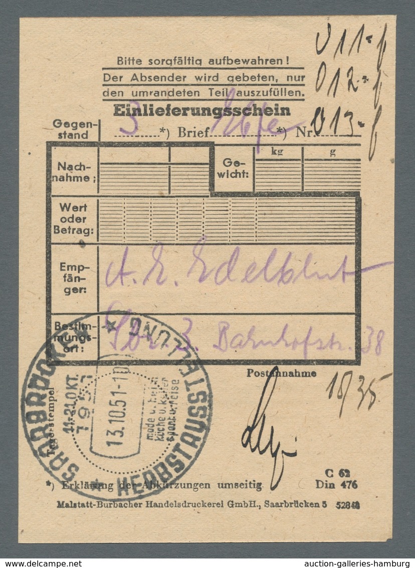 Saarland (1947/56): 1949/51, Zwei Großformatige Frankierte Belege, Dabei U.a. Mi. 281 Br Mit Zusatzf - Sonstige & Ohne Zuordnung