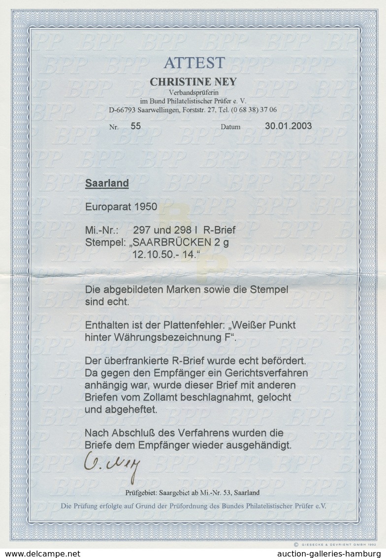 Saarland (1947/56): 1950, "Europarat" Komplett Je Mit SAARÜCKEN 2 G 12.10.50 Auf überfrank. R-Brief - Sonstige & Ohne Zuordnung