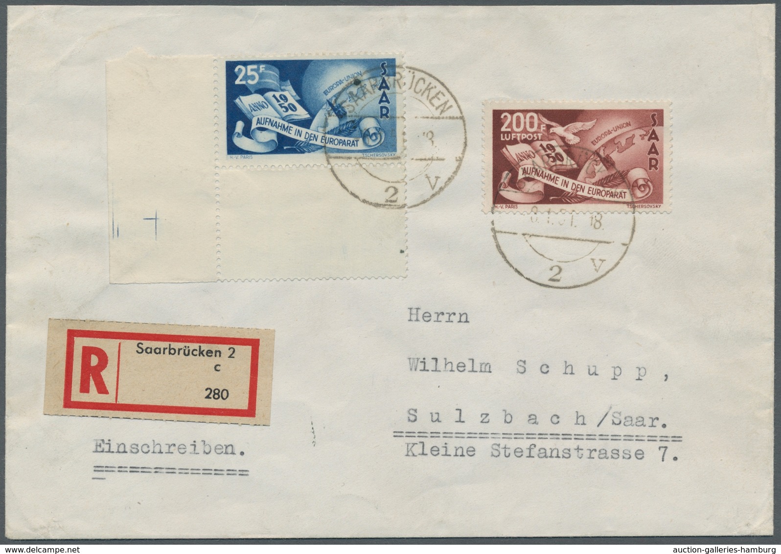 Saarland (1947/56): 1950, Europarat 25 Franc Und Die Seltene 200 Franc Luftpostmarke Als Eingeschrie - Otros & Sin Clasificación