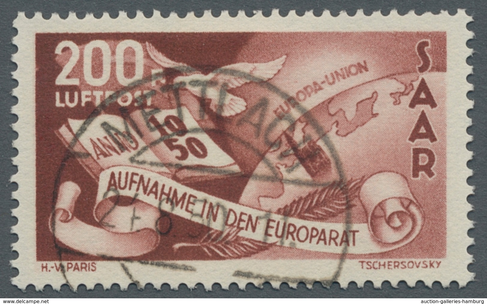 Saarland (1947/56): 1950, "200 Fr. Europarat Mit PLF I", Sauber METTLACH Gestempelter Wert In Tadell - Sonstige & Ohne Zuordnung