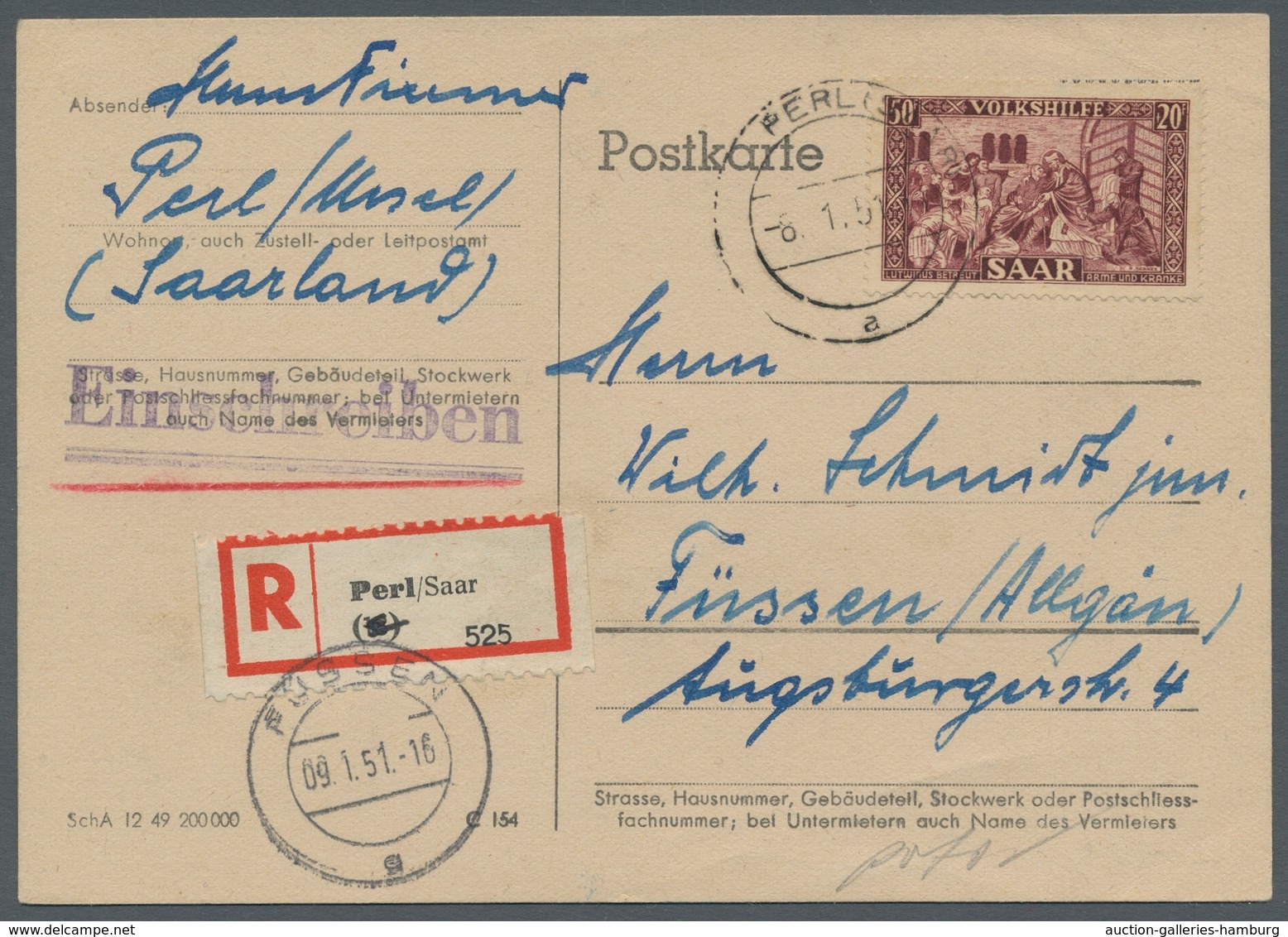 Saarland (1947/56): 1950, "50 Fr. Nothilfe", Farbfrischer Einzelwert Als Portorichtige EF Auf R-Kart - Sonstige & Ohne Zuordnung