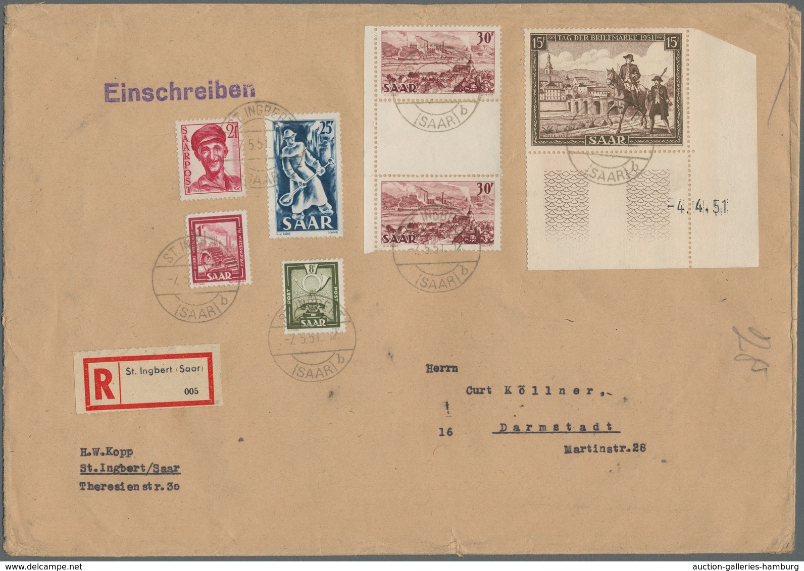 Saarland (1947/56): 1951, "Tag Der Marke Mit Druckdatum", Eckrandwert Mit Zusatzfrankatur (u.a. 30 F - Autres & Non Classés