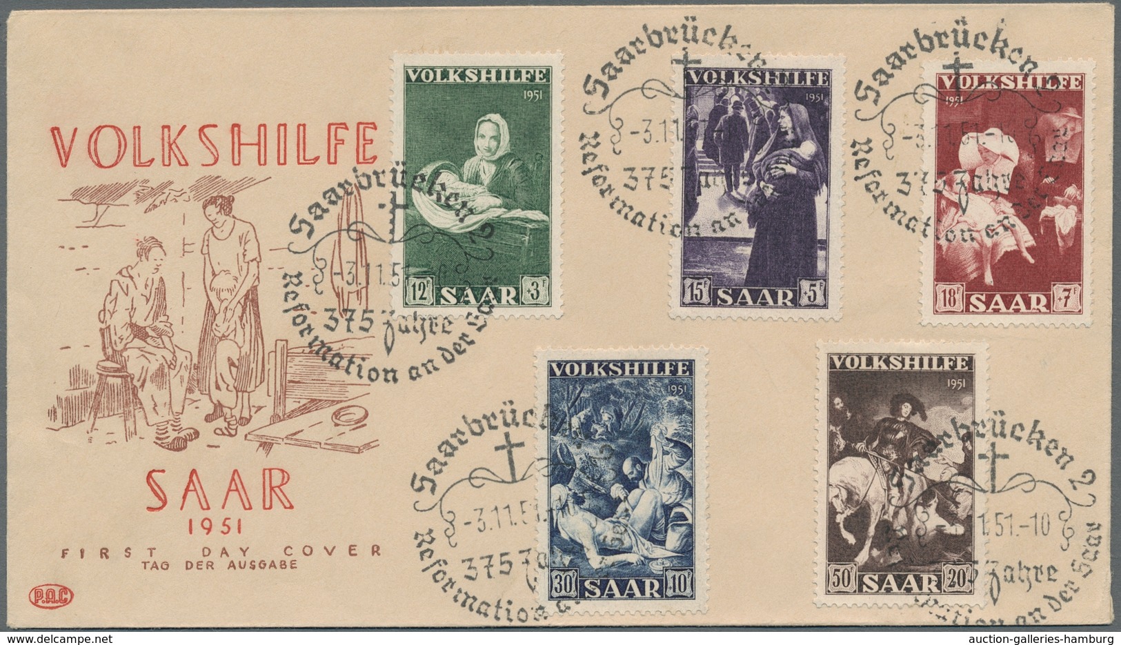 Saarland (1947/56): 1951, Volkshilfe, Der Komplette Satz Auf Taufrischem Blanko-FDC Mit Sonderstempe - Autres & Non Classés
